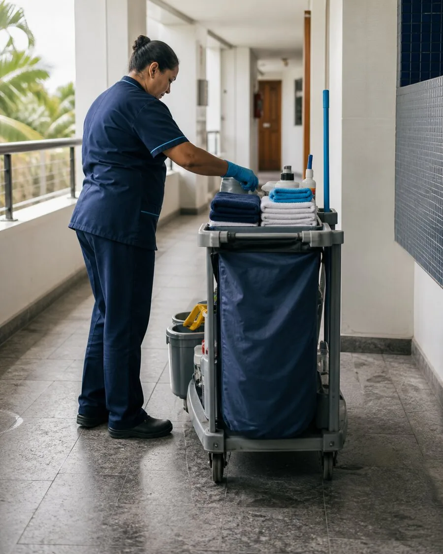 Auxiliar de limpeza arrumando o carrinho de trabalho no corredor de um prédio.